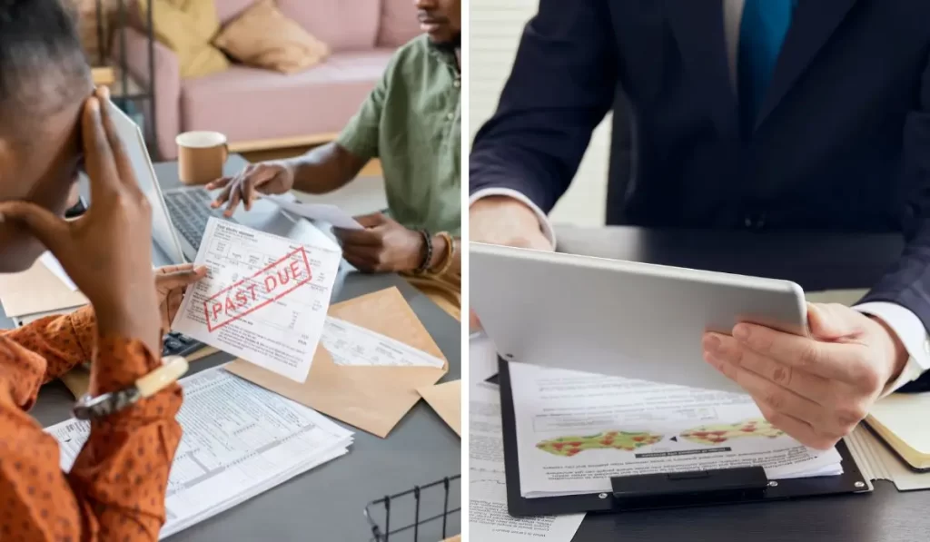 Split image showing Los Angeles landlords facing overdue bills contrasted with professional property management support using tablet.