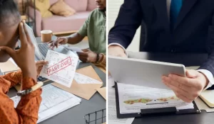 Split image showing Los Angeles landlords facing overdue bills contrasted with professional property management support using tablet.