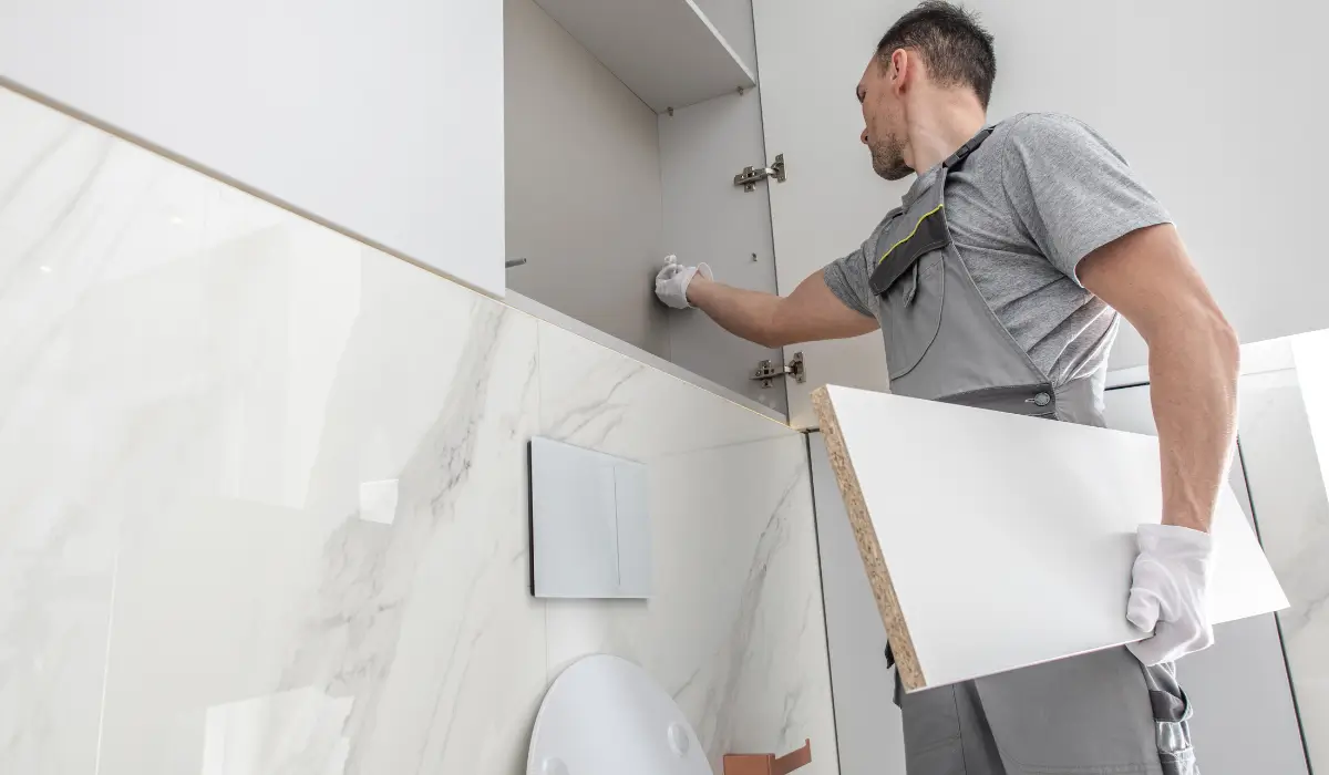 A professional contractor repairing a kitchen cabinet in a rental property, showing the hidden maintenance costs landlords face when managing alone.