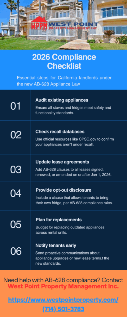 Infographic titled “2026 Compliance Checklist for California Landlords,” detailing six steps landlords must follow under California AB-628, including auditing appliances, checking recalls, updating lease terms, and tenant communications. Created by West Point Property Management Inc. with website and phone contact displayed.